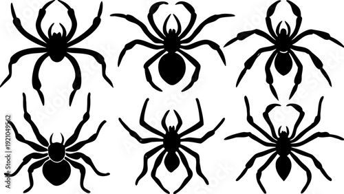 Eight black spider silhouettes on white background, spider, arachnid, silhouette, black, white, creepy, scary, halloween, insect, creature, eight legs, multiple, pattern, graphic, illustration, design