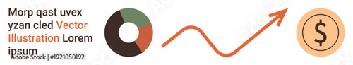 Finance, business analytics, economic growth, trends, revenue tracking, data visualization. Pie chart, rising arrow and dollar symbol featured. Finance and business analytics
