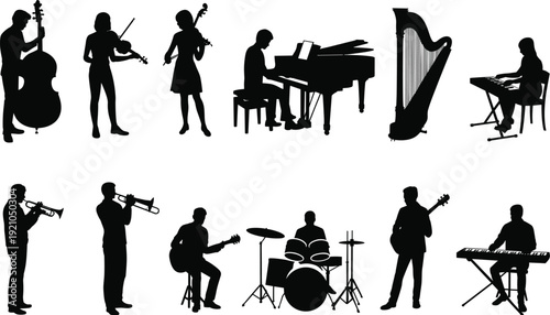 PrintSilhouette musicians playing instruments, orchestra illustration, band performance concept, music diversity, concert activity, artistic entertainment representation