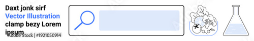 Research, innovation, scientific discoveries, education tools, problem-solving, concept design. Search bar, brain illustration and laboratory flask. Research and innovation