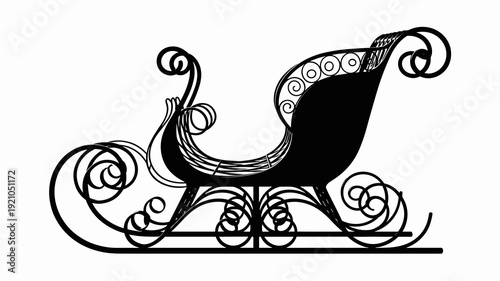 Elegant Black Silhouette of Santa Claus's Sleigh, Intricately Ornate with Swirling Filigree and Scrollwork, Isolated on White Background, Evoking Christmas Magic, Holiday Cheer, Winter Wonderland, Fes