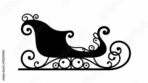 Elegant Black Silhouette of a Christmas Sleigh Decorated with Ornate Swirls and Curlicues, Evoking Winter Wonder, Holiday Magic, and Festive Cheer for Seasonal Design Projects, Greeting Cards, and Fes