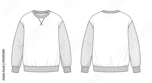 detailed flat sketch of a crew neck sweatshirt with ribbed sleeves and hem front and back views perfect for fashion design concepts.