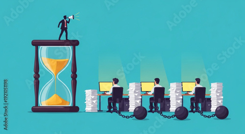 International Day of Remembrance of the Victims of Slavery and the Transatlantic Slave Trade a leader directs employees working at computers chained to desks, large hourglass symbolizes limited time