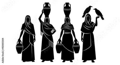 silhouettes of ancient women in traditional clothing carrying water jars and alongside ravens depicting historical daily life cultural traditions and symbolism.