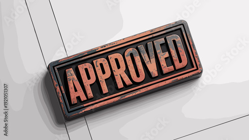 Approved Stamp Seal Concept: Official Approval Document and Business Transaction Confirmation Background, Vintage Rustic Metallic Texture, Business Success and Decision Making, Legal Agreement and Leg