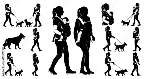 silhouettes of active mothers carrying babies in frontback carriers and walking dogs on leashes depicting modern motherhood  pet life.