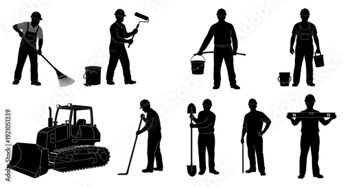 silhouettes of construction workers with tools and a bulldozer performing manual labor representing industry building and hard work concepts.