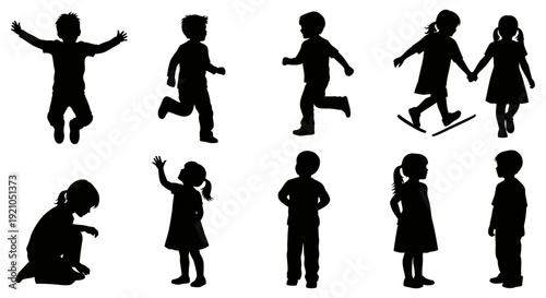 silhouettes of diverse active children playing and running isolated on a white background embodying joyful youthful energy and carefree childhood