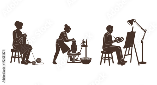 silhouettes of diverse individuals pursuing creative hobbies knitting pottery making and painting symbolizing artisanal craftsmanship.