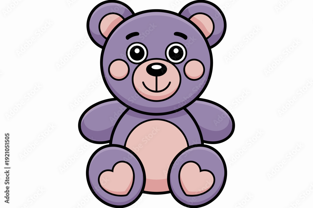 Obraz premium Cute illustration of a fluffy purple teddy bear sitting with a friendly smile, representing childhood joy, comfort, and unconditional love, perfect for baby shower invitations, nursery decor, kids' st