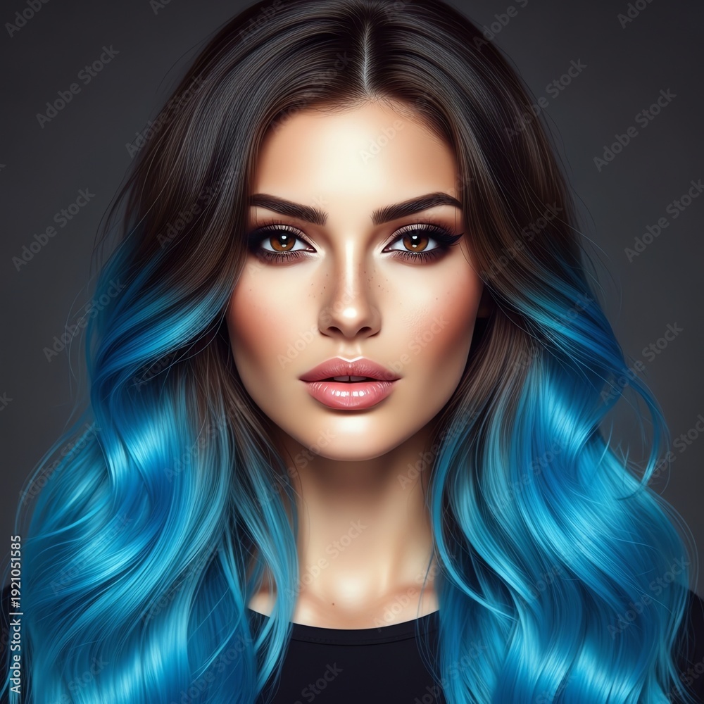 Fototapeta premium Portrait of a young woman with long, wavy hair dyed blue at the ends, wearing makeup and a black top against a dark gray background.