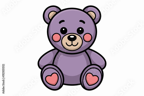 Adorable Purple Teddy Bear Sitting Playfully with Pink Heart Details on Paws, Isolated on White Background. Cute Cuddly Toy for Children's Room Decor, Baby Shower Gift, Valentine's Day Design, Love Th