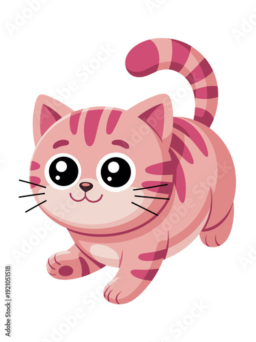 Adorable cartoon pink kitten playing and exploring, fluffy feline character with big innocent eyes and striped tail, isolated on white background, kawaii digital illustration for children's books, nur