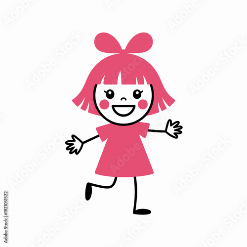 Joyful cartoon girl with pink hair and bow, smiling widely, waving happily and dancing playfully in a simple, clean white studio, representing childhood fun, innocence, happiness, and playful energy,