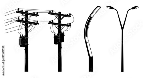 silhouettes of urban electricity poles with transformers power lines and modern street lights illustrating essential city infrastructure.