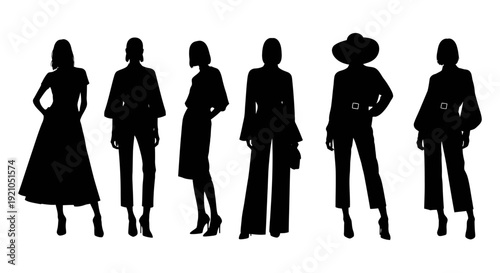 stylish women silhouettes showcasing diverse elegant modern outfits posing on white background for design concepts.