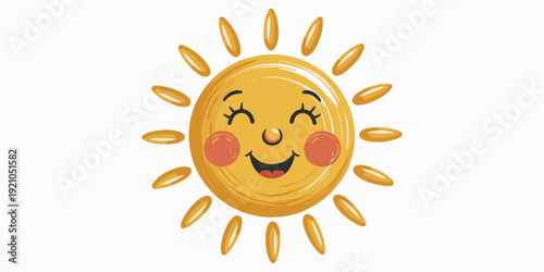 Whimsical Cartoon Sun Character with Cheerful Smiling Face, Radiant Golden Rays, and Rosy Cheeks, Perfect for Kids' Education, Summer Vibes, Weather Forecasts, and Joyful Children's Book Illustrations