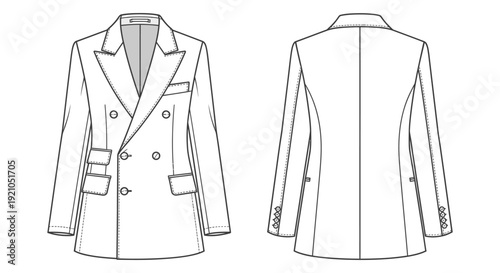 technical flat sketch of a womens double-breasted blazer front and back views for fashion design and garment documentation.