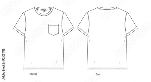 technical flat sketch of a short sleeve t-shirt with a chest pocket front and back views an apparel vector template for fashion designers.