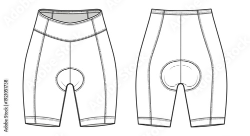 technical flat sketch of womens cycling shorts showcasing detailed front and back views with ergonomic chamois padding for sportswear design and apparel production.