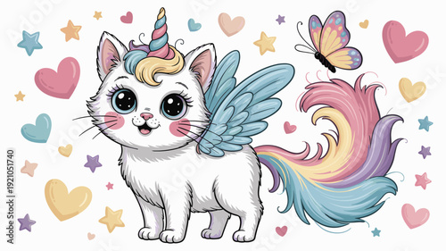 Enchanting white kitten with unicorn horn and pastel rainbow wings, joyfully playing amidst sparkling stars and decorative hearts, symbolizing magic, fantasy, and childhood innocence; perfect for whim