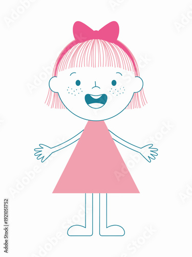 Adorable young girl with a cute pink bow in her hair, smiling joyfully with freckles, standing in a simple, clean, white studio space, representing childhood, innocence, gender equality, and creative