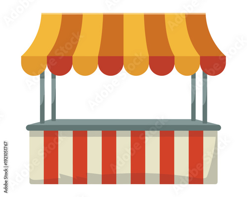 Vibrant Carnival Stall with Striped Awning and Red and Cream Facade, Perfect for Outdoor Events, Fairs, Farmers Markets, and Food Festivals, Offering a Cheerful and Inviting Atmosphere for Commerce an