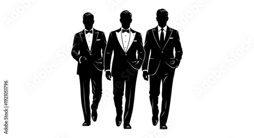 three men in formal suits and tuxedos walking their silhouettes embodying business leadership corporate success and refined style for professional communications.