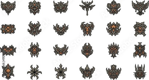 Collection of dark intricate fantasy crests and emblems detailed pixel art icons for game design and digital art projects isolated on white