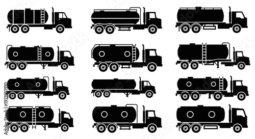 vector icons of black silhouette tanker trucks illustrating industrial fuel and oil transport petroleum logistics and cargo delivery concepts.