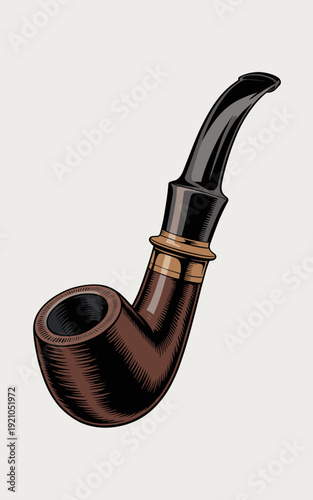 Vintage smoking pipe, a classic briar tobacco pipe with a black mouthpiece and golden band, isolated on a light textured background, representing relaxation, tradition, and gentlemanly pursuits in a r