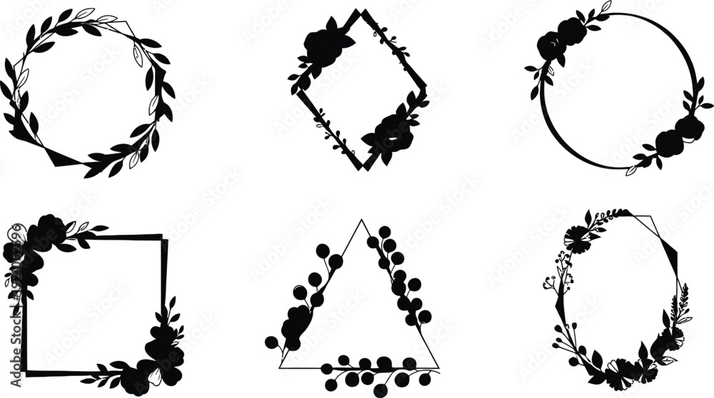 Obraz premium Set of black floral and leaf decorative frames elegant vector borders for invitations and design isolated on white background