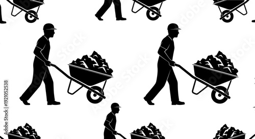a tireless silhouette of a worker pushing a heavy wheelbarrow full of coal symbolizing manual labor hard work and the mining industry.