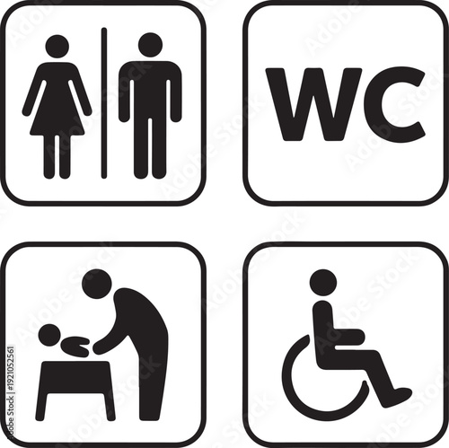 WC signs set. Man, woman, mother with baby and handicapped silhouettes isolated on white background. Male and female toilet door icons. Lady and gentleman restroom symbol. Cast logo concepts. Vector