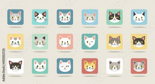 Collection of cute cartoon cat faces in colorful squares