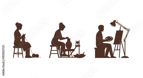 artistic hobbies silhouettes of people knitting pottery and painting showcasing creative expression and handmade skills.