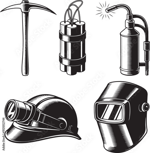 Welder and miner work tools collection