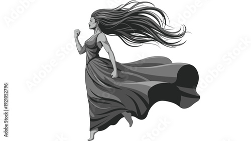 Artistic greyscale illustration of a powerful woman in a long flowing dress running forward with determination and strength.
