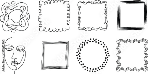 Collection of abstract line art frames and a face illustration minimalist vector elements for design projects isolated on white background