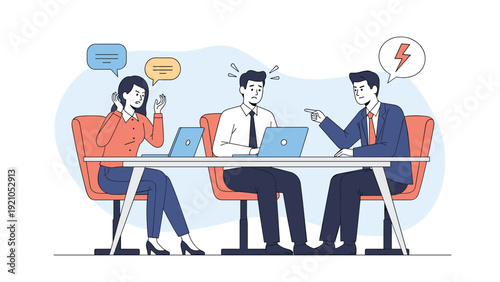 Stressed office workers having a disagreement during a team meeting with one employee caught between arguing colleagues.