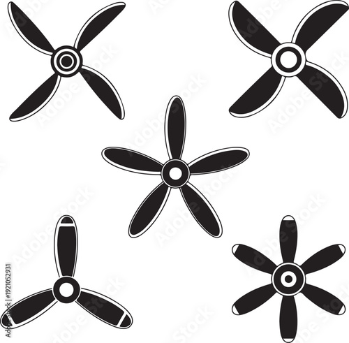 Wind turbine, propeller icon set, black isolated on white background, vector illustration
