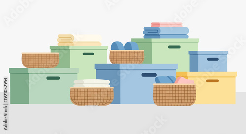 Colorful Storage Containers and Woven Baskets.