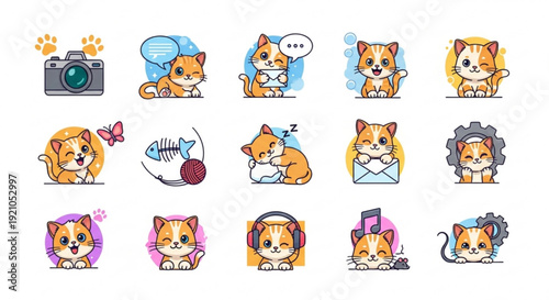 Cute cat stickers with various expressions and activities