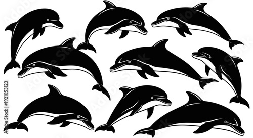 black dolphin silhouettes swimming and jumping a dynamic marine life vector illustration on white for ocean-themed graphic design.
