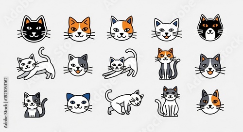 Cute cartoon cats in various colors and poses