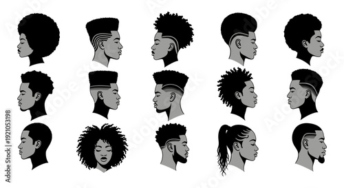 black hairstyles diverse african american profiles displaying modern fades afros and braids reflecting cultural identity and fashion trends.