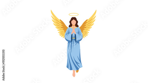 Divine angel with large golden wings and a shining halo praying while floating gracefully in a long flowing blue robe.