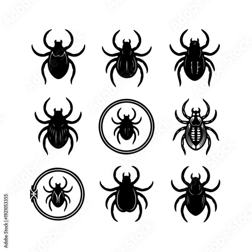 Collection of nine stylized black and white tick illustrations, depicting various forms of these small arachnids.