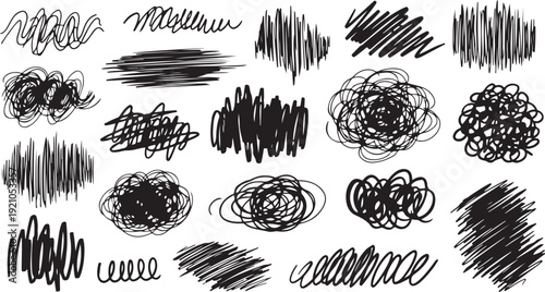 A collection of various abstract scribbles and doodles in black and white Vector